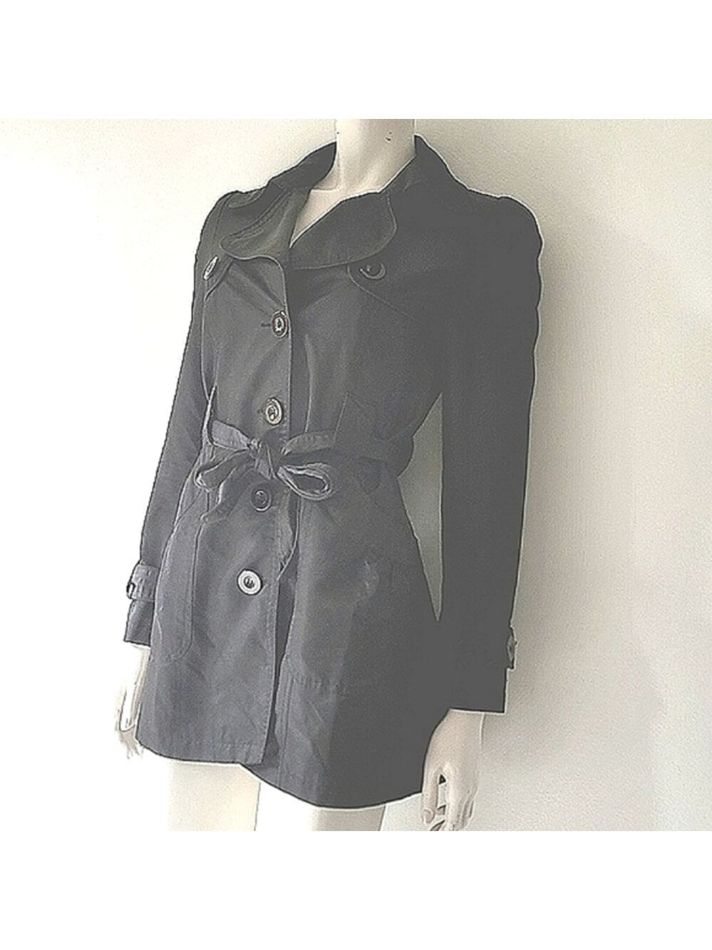River Island Black Button-Down Tie Waist Trench Coat Size M